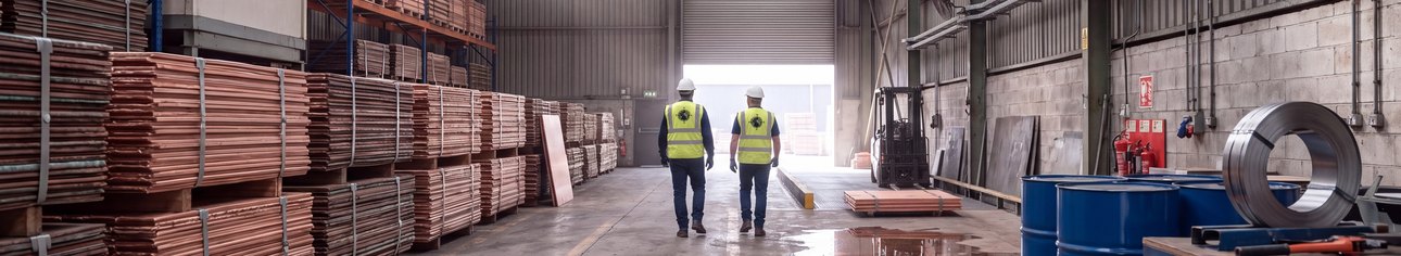 Two workers walking through a warehouse of stacked metal bundles